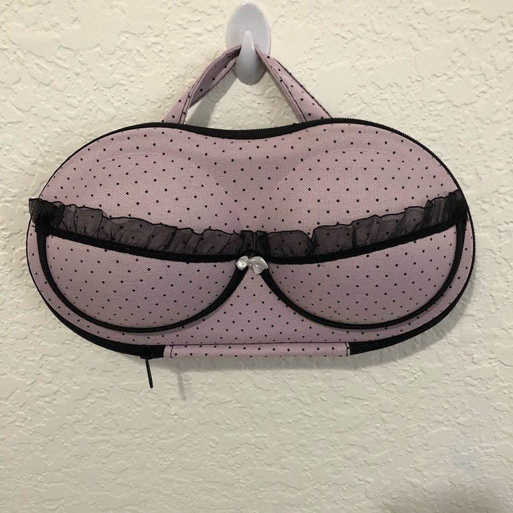 Purple with black lace polka dot bra carry case 😘